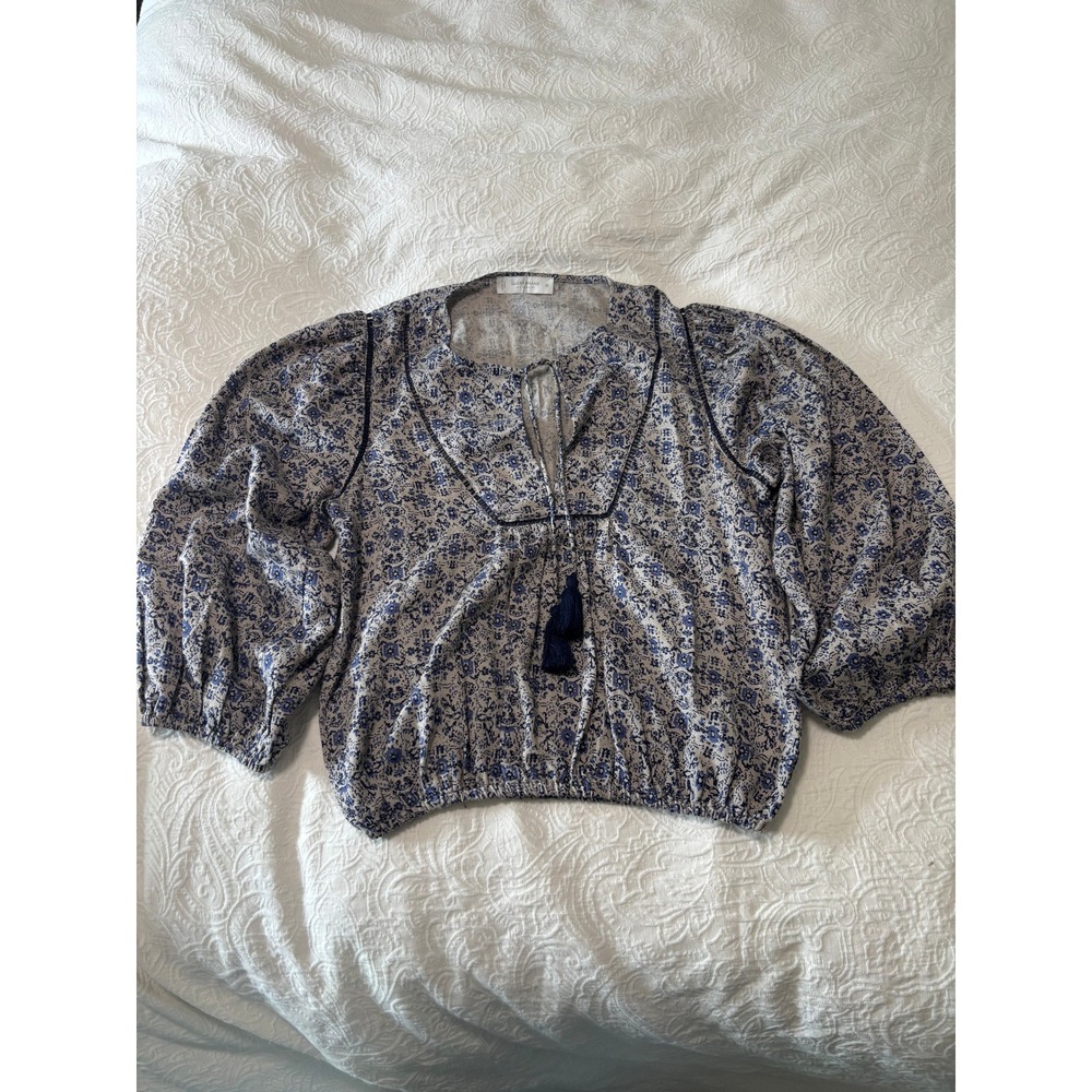 Floral Peasant Blouse Blue Medallion Tassel Tie Top XS